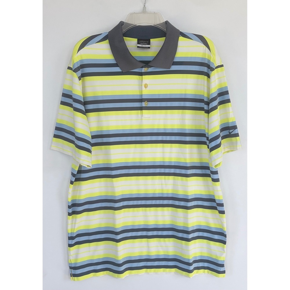 Nike Golf Mens Dri-FIT Striped Polo Shirt Large Lime Blue Grey Short Sleeve L